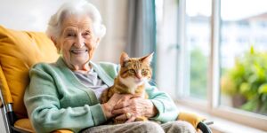 Older adult choosing clothing in a bright assisted living apartment with a caregiver nearby.
